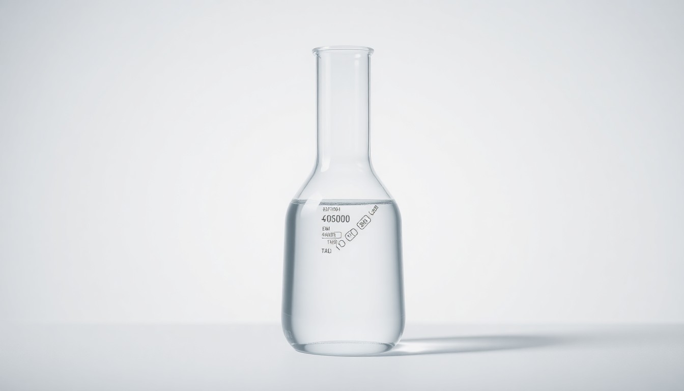A photorealistic studio still-life image featuring a polished glass beaker filled with a clear, viscous liquid, symbolizing the advanced formulation technologies behind personal care emulsifiers. The beaker is placed on a clean, monochromatic background, using dramatic lighting to represent the abstract concepts of innovation and sustainability in the personal care industry.