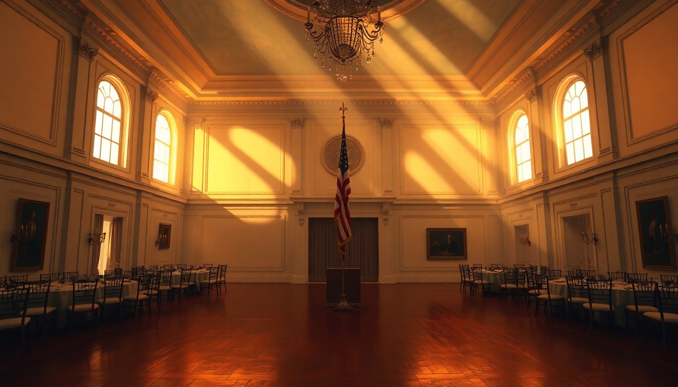A serene, painterly image of the White House ballroom, with warm light streaming in through the windows and a lone American flag standing tall in the center of the room, evoking a sense of nostalgia and the weight of presidential legacy.