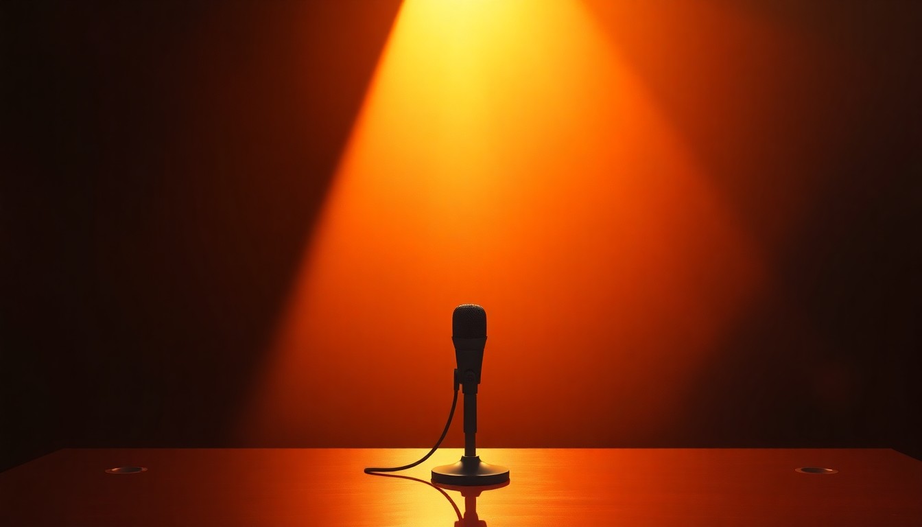 A serene, cinematic painting of a lone microphone on a news desk, with warm lighting and deep shadows, conveying a sense of contemplation and uncertainty about the state of journalism.