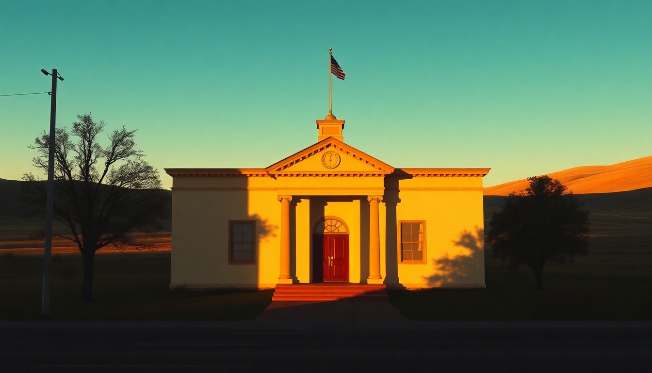 A serene, cinematic painting of a lone county courthouse or government building in Eastern Oregon, its facade and windows illuminated by warm, angled sunlight, conveying a sense of quiet contemplation and isolation.