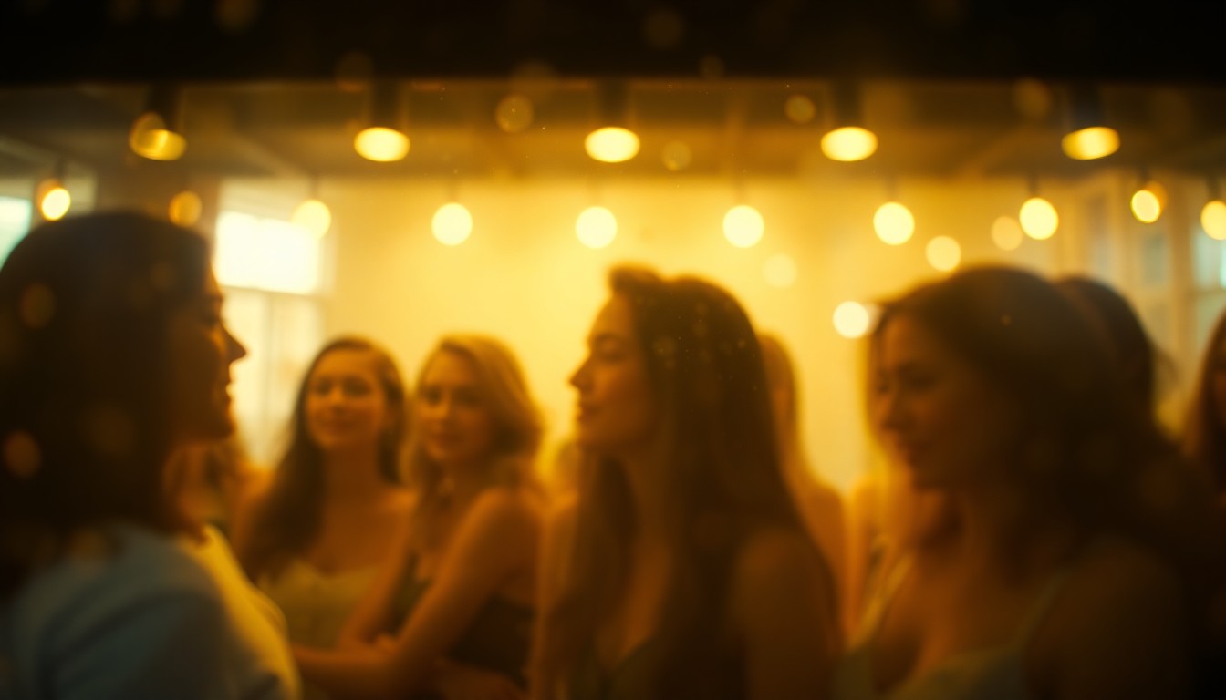 An impressionistic, out-of-focus scene depicting a group of women gathered together, their faces and forms softly blurred, conveying a sense of community and creative inspiration.
