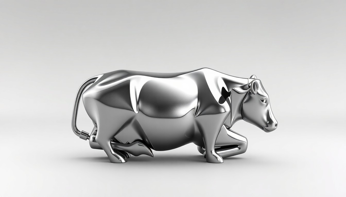 A highly reflective, geometric metal sculpture in the shape of a cow, resting on a clean, monochromatic background and symbolizing the transition from dairy farming to a more diversified agricultural enterprise.