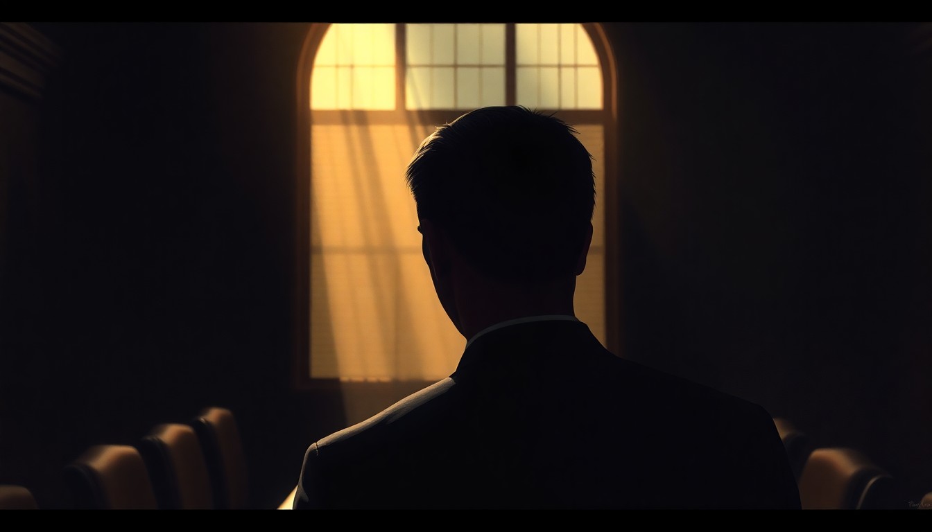 A dimly lit government office or conference room, with a solitary political figure seated at a desk, bathed in warm, diagonal sunlight and deep shadows, conveying a sense of quiet contemplation and the weight of political decision-making.