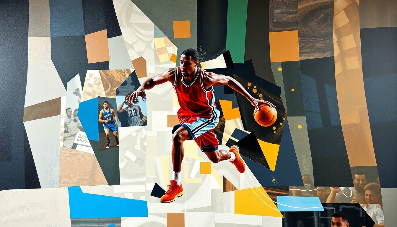 A fractured, multi-perspective painting in bold, geometric shapes and colors, depicting the dynamic motion of a basketball player in mid-action, with their face and jersey obscured, conveying the energy and intensity of the sport.