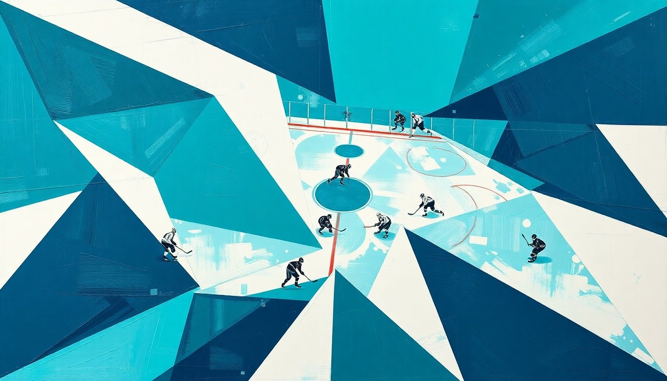A cubist, geometric painting depicting a hockey game, with the players and ice surface broken down into sharp, overlapping planes of teal, white, and navy blue, creating a dynamic, fragmented visual representation of the action on the ice.