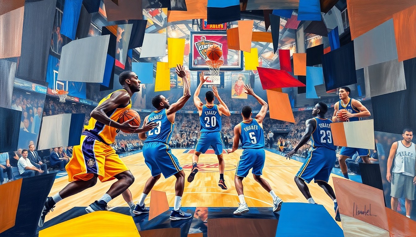 A cubist, geometric painting depicting an abstracted basketball game between the Los Angeles Lakers and Oklahoma City Thunder, with the players' forms broken down into sharp, overlapping planes of color and shape, capturing the intensity and energy of the matchup.