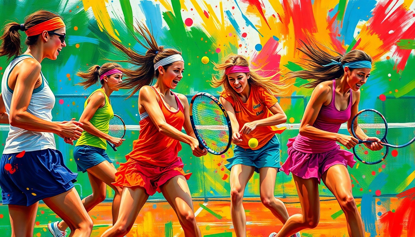 An abstract, expressionist painting in neon colors depicting the dynamic motion and energy of a high school girls tennis match, with players' forms blending into vibrant brushstrokes.