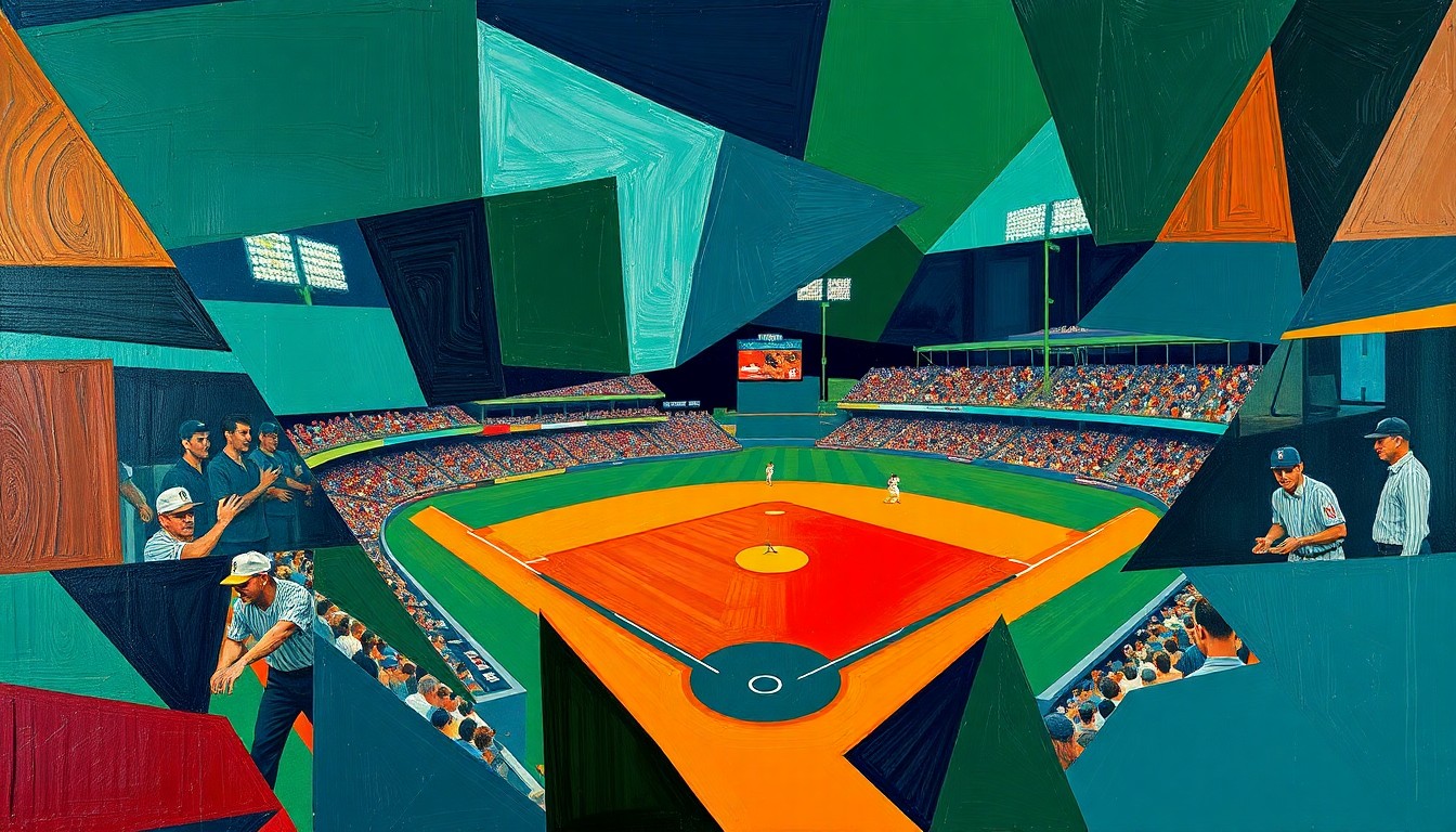 A fractured, multi-angled painting depicting a baseball game in progress, with players and the field broken down into sharp, overlapping geometric shapes in a vibrant color palette.