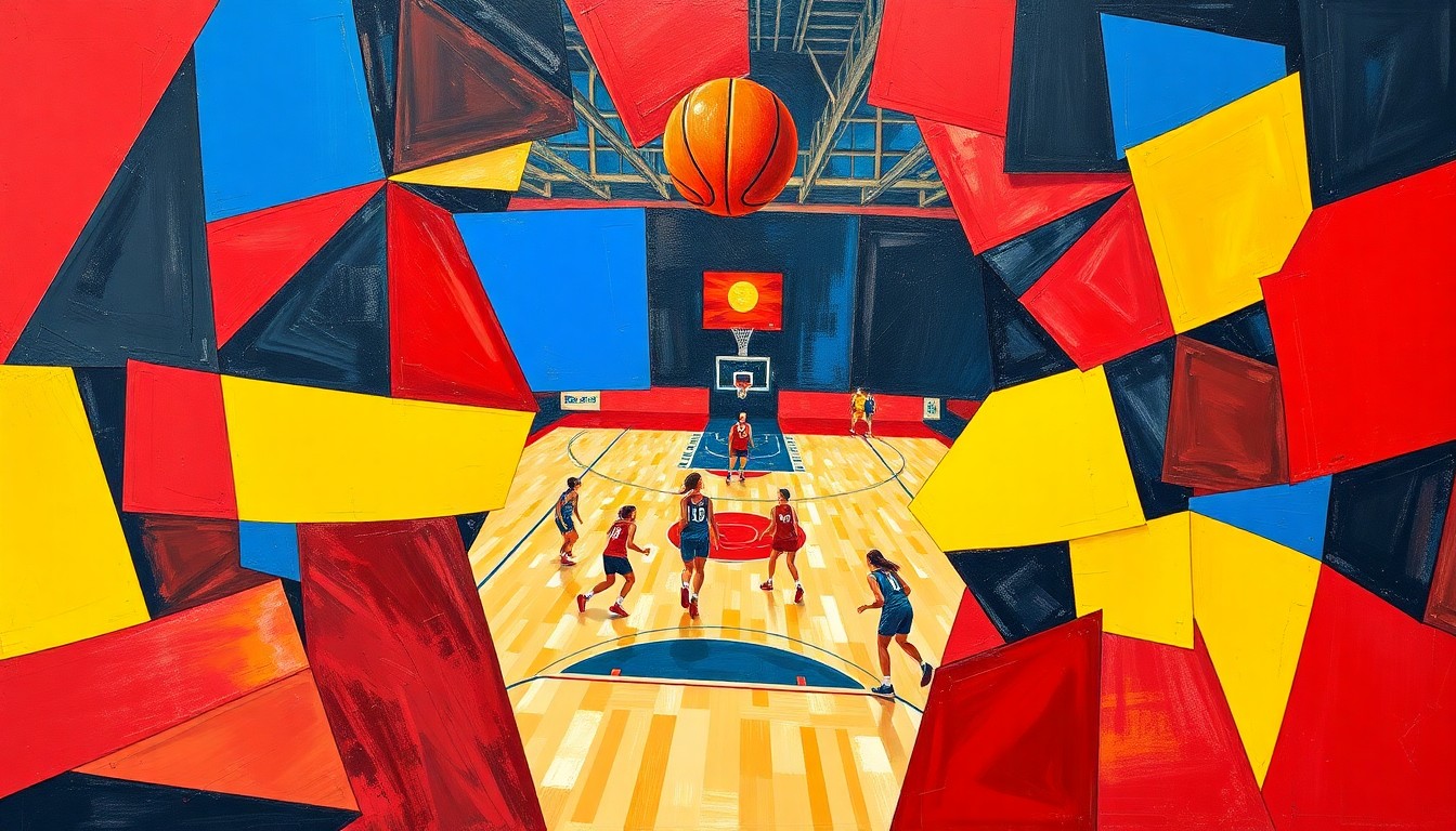 A cubist-inspired painting featuring fragmented, overlapping geometric shapes in vibrant colors, capturing the dynamic energy and motion of a women's basketball game.