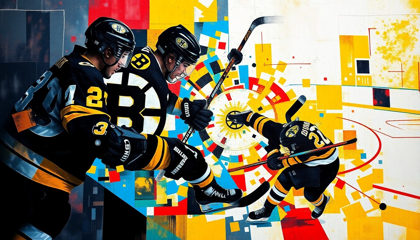 A cubist, geometric painting depicting a hockey game, with overlapping planes of color representing the players, puck, and action on the ice, conveying the intensity and dynamism of the matchup between the Boston Bruins and Florida Panthers.