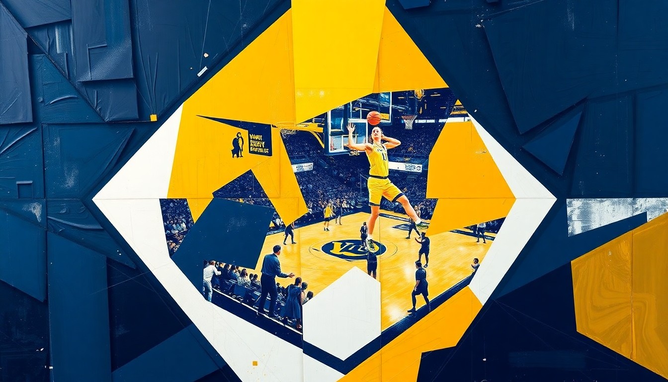 A fractured, geometric painting in bold navy, gold, and white colors, breaking down a women's basketball game into sharp, overlapping planes and shapes to conceptually represent Vanderbilt's successful season.