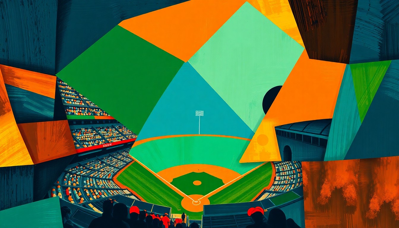 A cubist, geometric painting depicting a baseball game broken down into overlapping planes of navy, green, and orange, conveying the dynamic energy and challenges of the Mets' start to the new season.