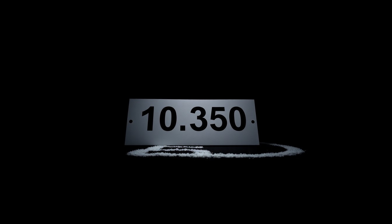An extreme close-up photograph of a police evidence marker, such as a numbered placard or chalk outline, lit by a harsh, direct camera flash against a pitch-black background, conceptually illustrating the serious nature of a financial crime investigation.