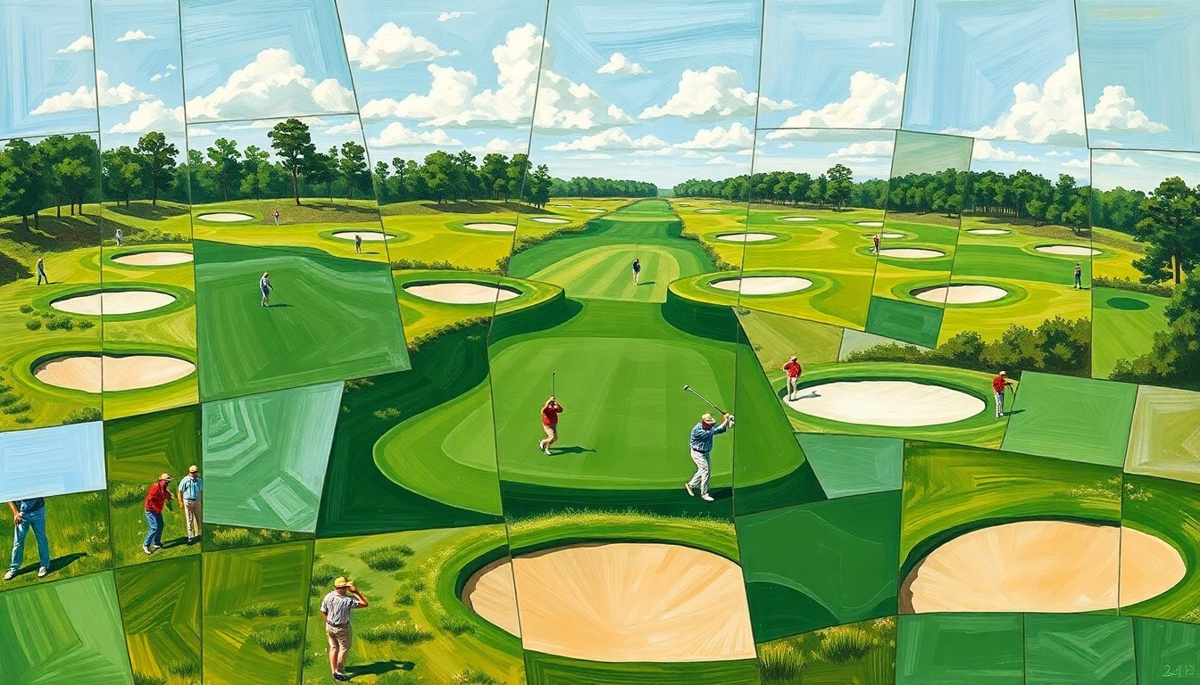 A cubist, geometric painting depicting a college golf tournament, with overlapping planes of green fairways, sand traps, and golfers in motion, conveying the energy and competition of the event.