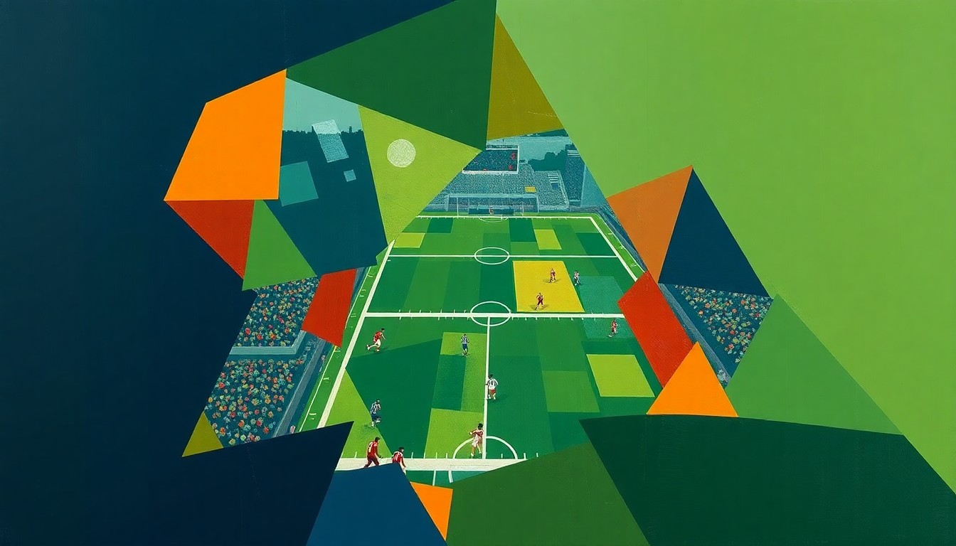 A cubist, geometric painting depicting a fragmented football game, with sharp planes of navy, green, and orange representing the dynamic action on the field.