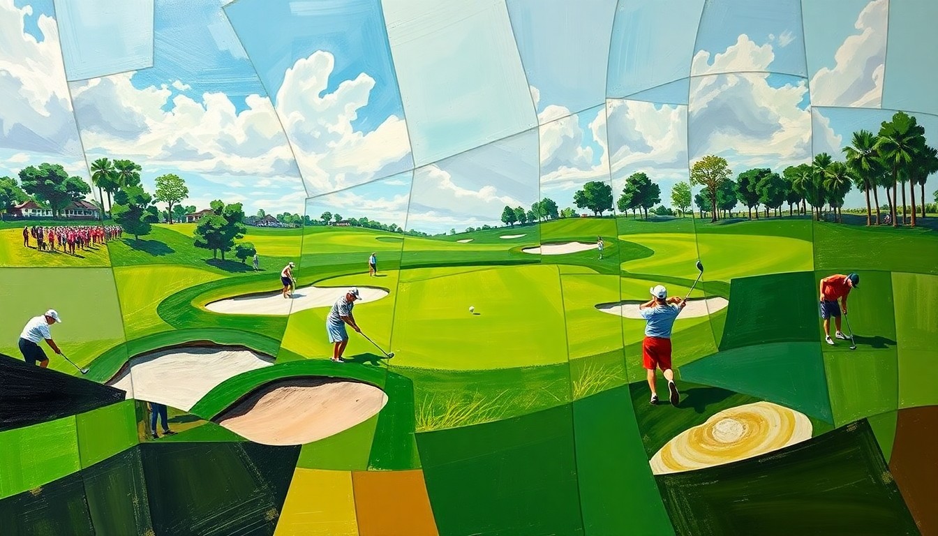 A fragmented, geometric painting depicting the various elements of a high school golf tournament, including fairways, sand traps, and players swinging their clubs, all rendered in an abstract cubist style.