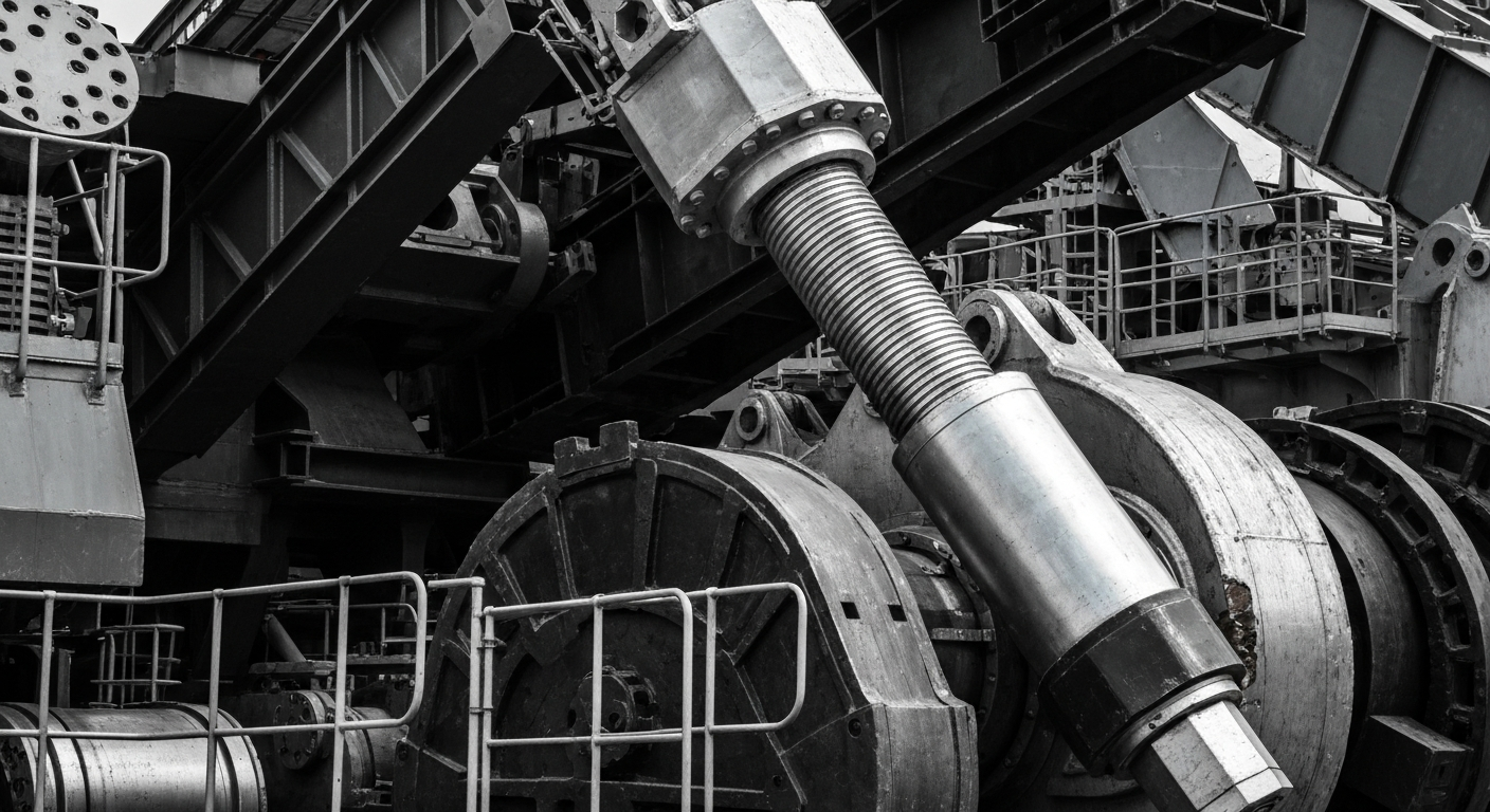 An extreme close-up photograph of rugged, industrial mining equipment and machinery, conveying the physical, mechanical power and infrastructure behind the mining industry as a conceptual metaphor for the volatility and uncertainty facing Midland Exploration's stock price.