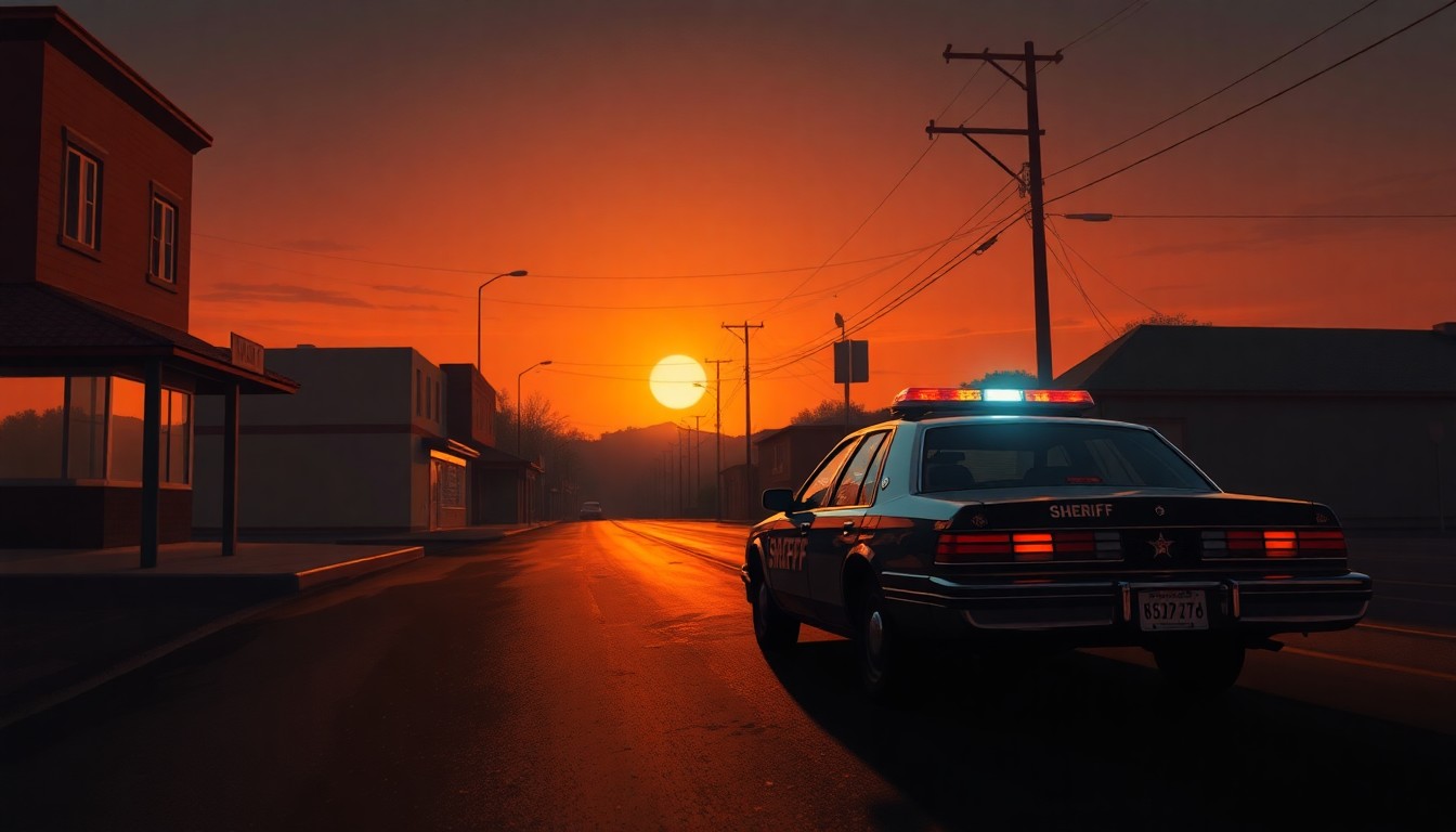 A dimly lit, cinematic painting of a sheriff’s patrol car parked alone on a quiet street, capturing the solemn responsibility of local law enforcement.