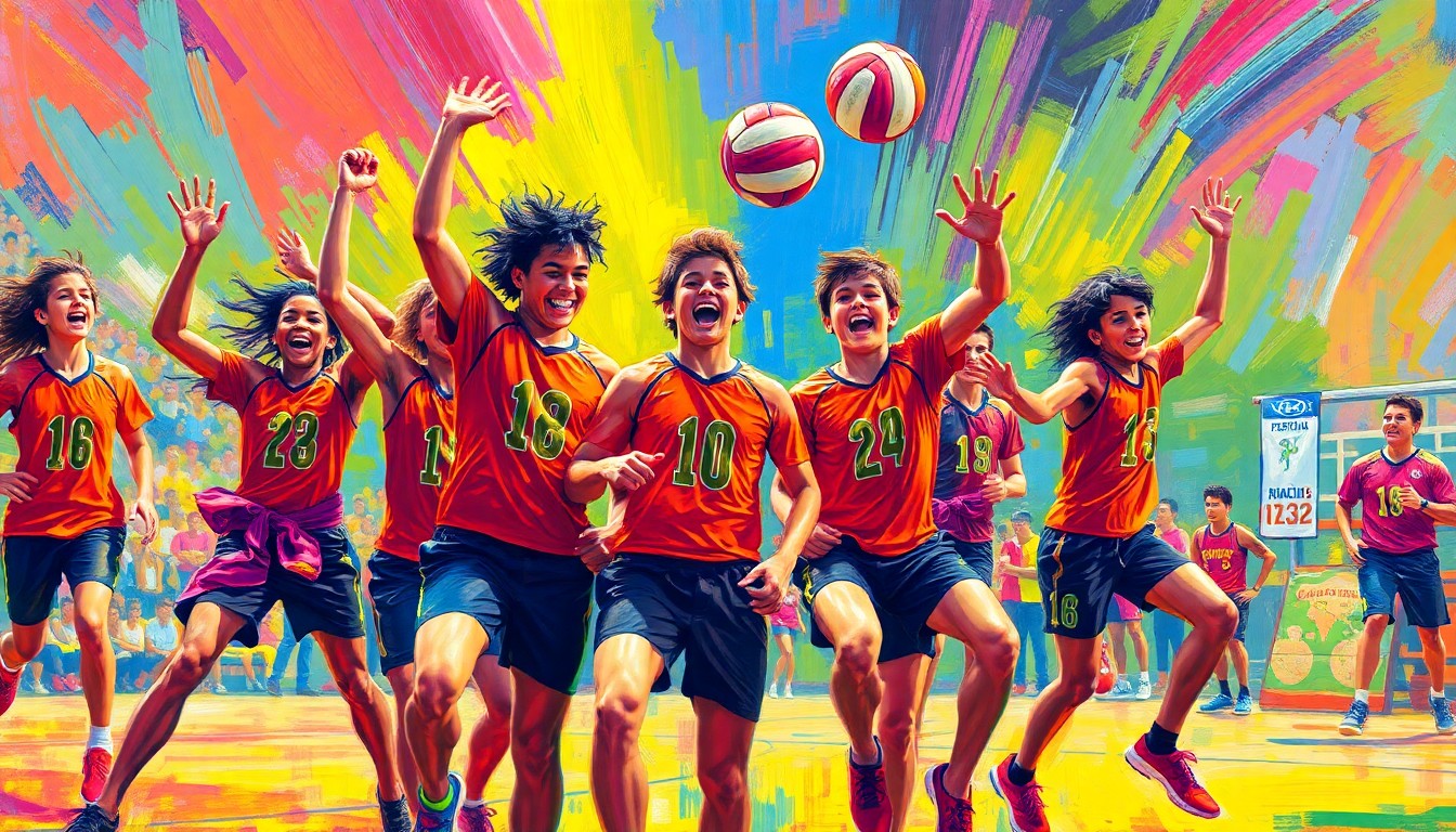 An abstract, energetic painting in neon colors depicting a group of young volleyball players jumping and celebrating their victory, their faces and forms blending into a vibrant, expressive scene.