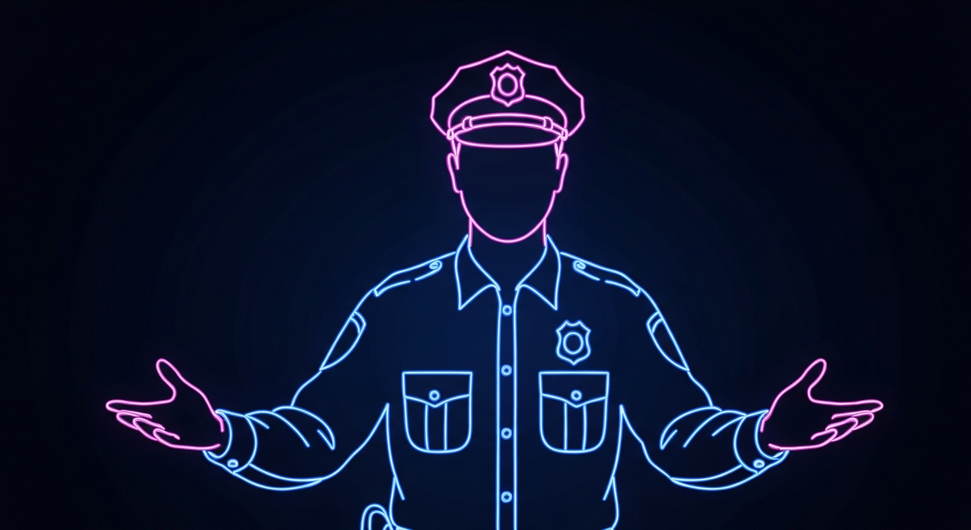 A minimalist, neon-outlined illustration of a police officer's figure with hands raised in a calming gesture, representing the department's efforts to improve interactions with autistic individuals.