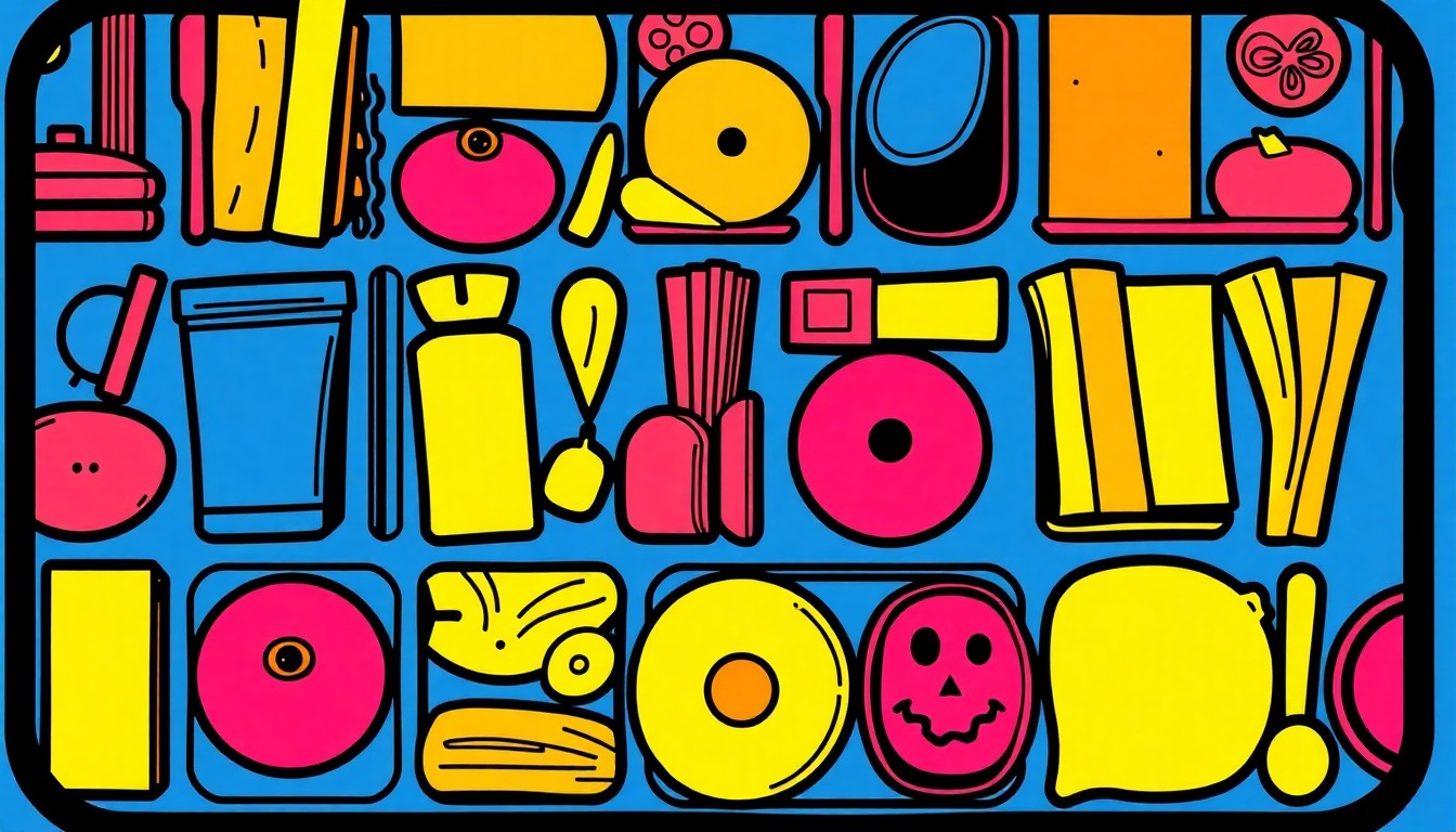 A vibrant, abstract grid of brightly colored school lunch trays in neon shades of red, yellow, and blue, conceptually representing the expansion of free meal programs for low-income students.