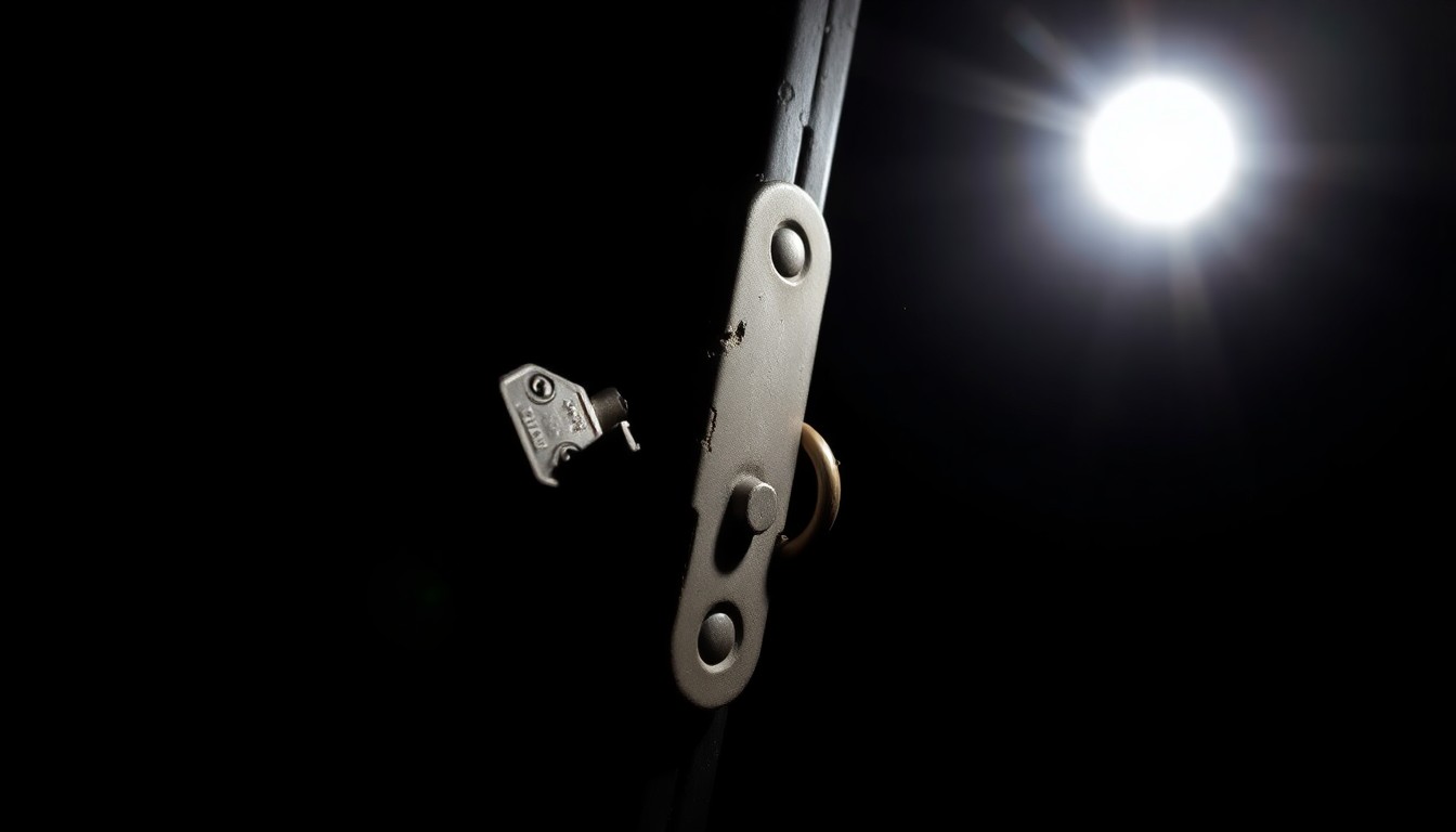 An extreme close-up photograph of a damaged lock or broken trailer hitch, lit by a harsh, direct camera flash against a pitch-black background, conceptually illustrating the investigation into a theft of landscaping equipment.