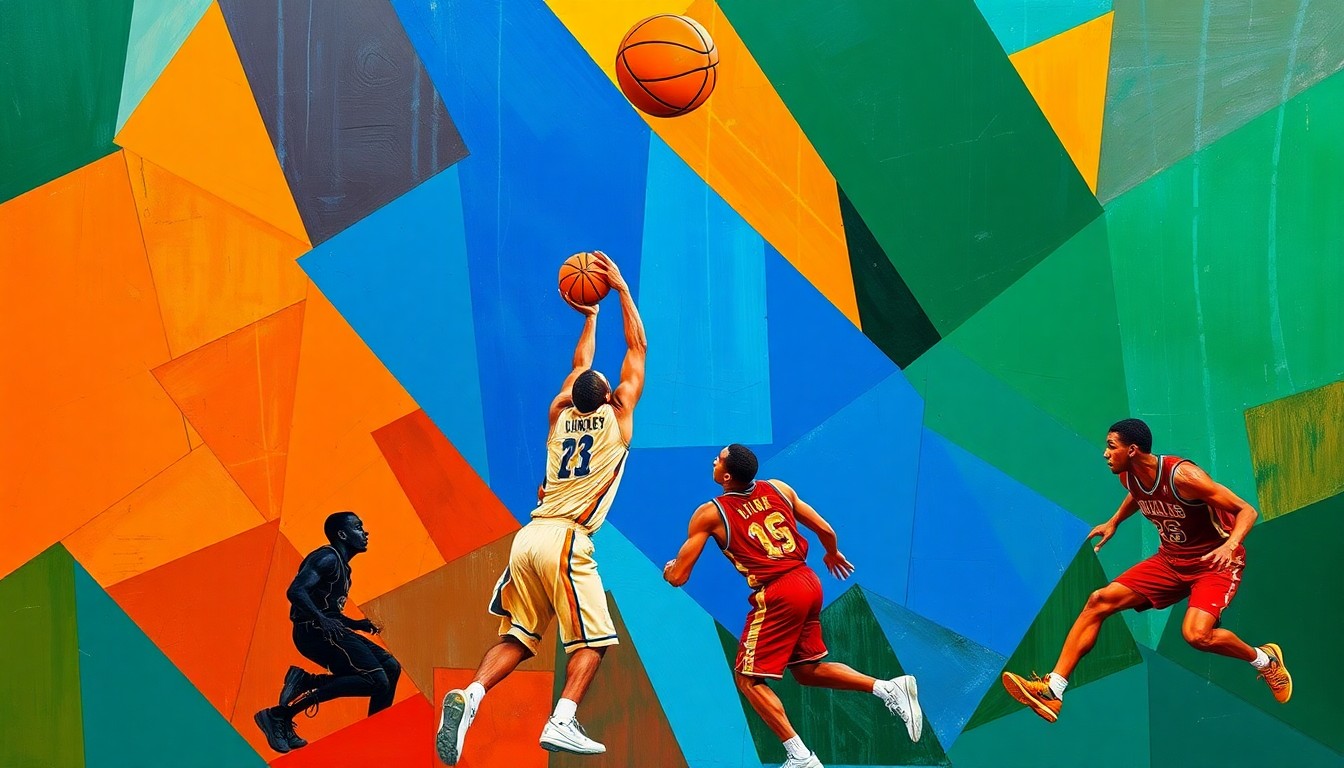 A cubist, geometric painting depicting the dynamic action of a basketball game, with players' forms abstracted into angular shapes in a vibrant color palette.