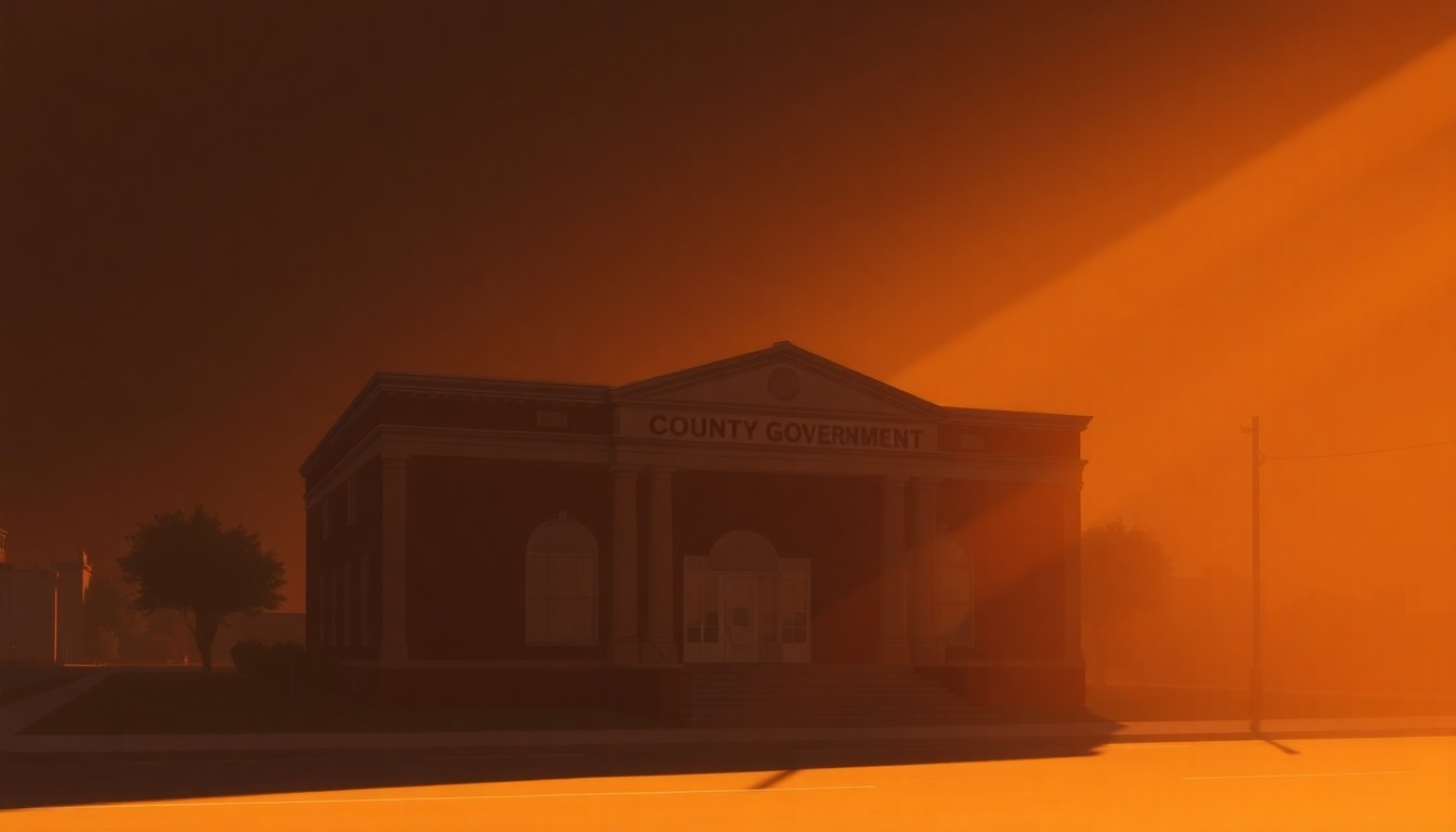 A serene, cinematic painting of a county government building in warm tones, with diagonal sunlight and deep shadows, capturing the quiet diligence of local leadership.