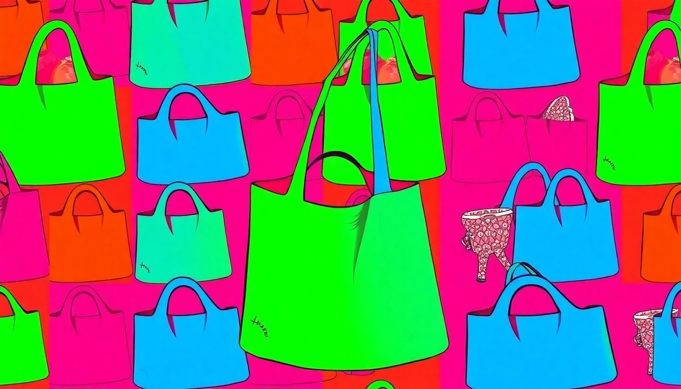 A brightly colored, high-contrast silkscreen print of a reusable grocery bag or organic produce item repeated in a tight grid pattern, conceptually representing the joyful energy of a community festival.