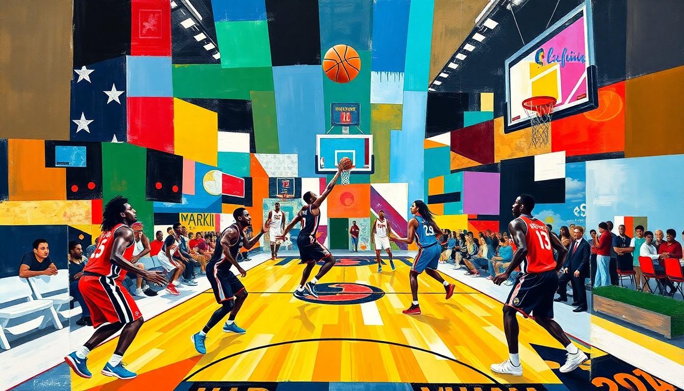 A cubist, geometric painting depicting a basketball game in progress, with the players and court broken down into overlapping planes of vibrant team colors.