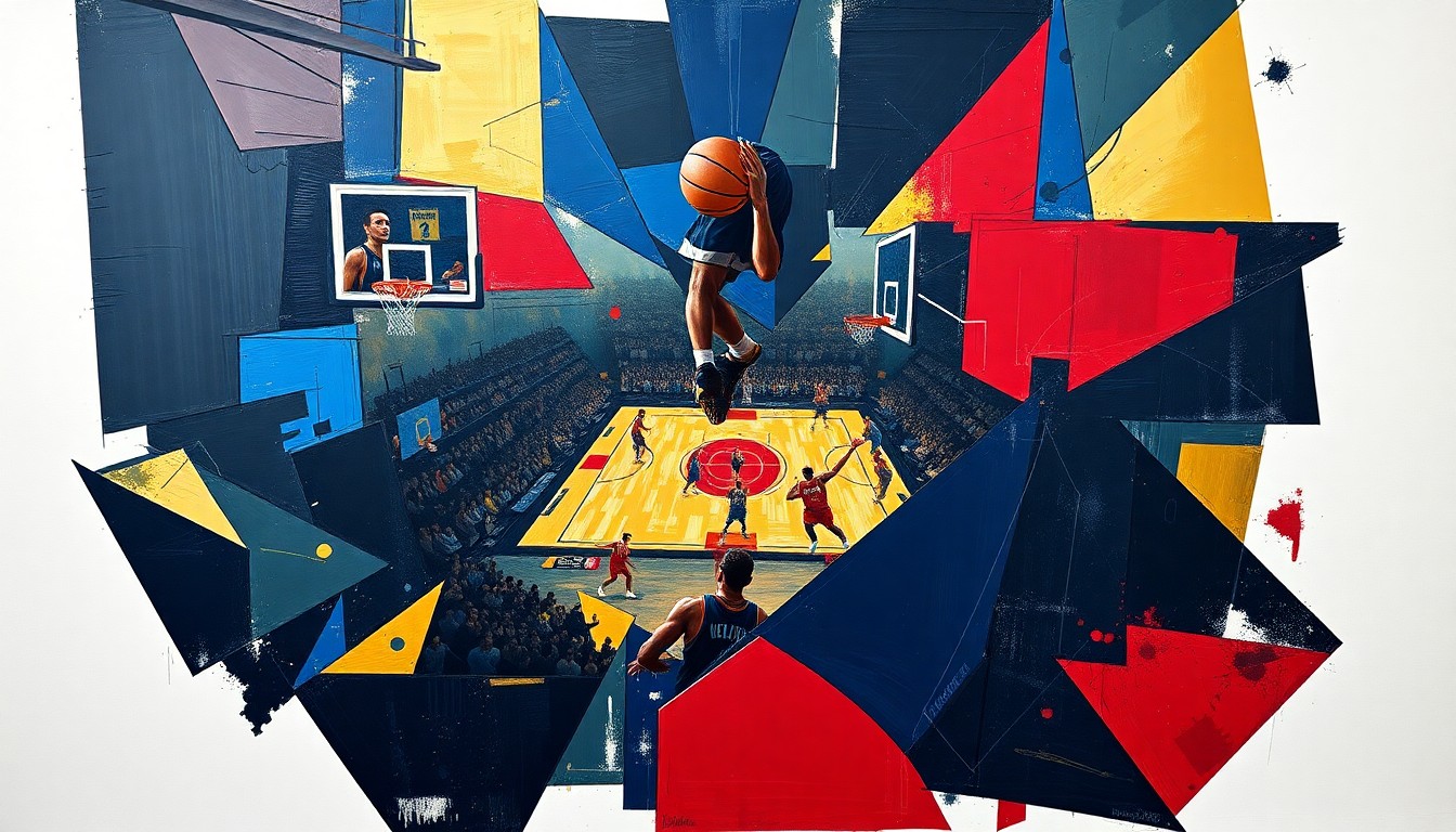 A cubist, geometric painting depicting fragmented, overlapping views of a basketball game, using bold navy, gold, and crimson colors to capture the intensity of the competition.