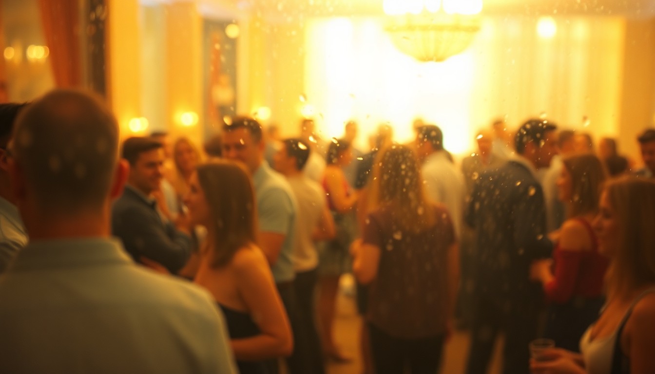 An abstract, softly focused image of people mingling at a social event, with blurred shapes and pools of warm, colorful light creating a sense of intimacy and connection.