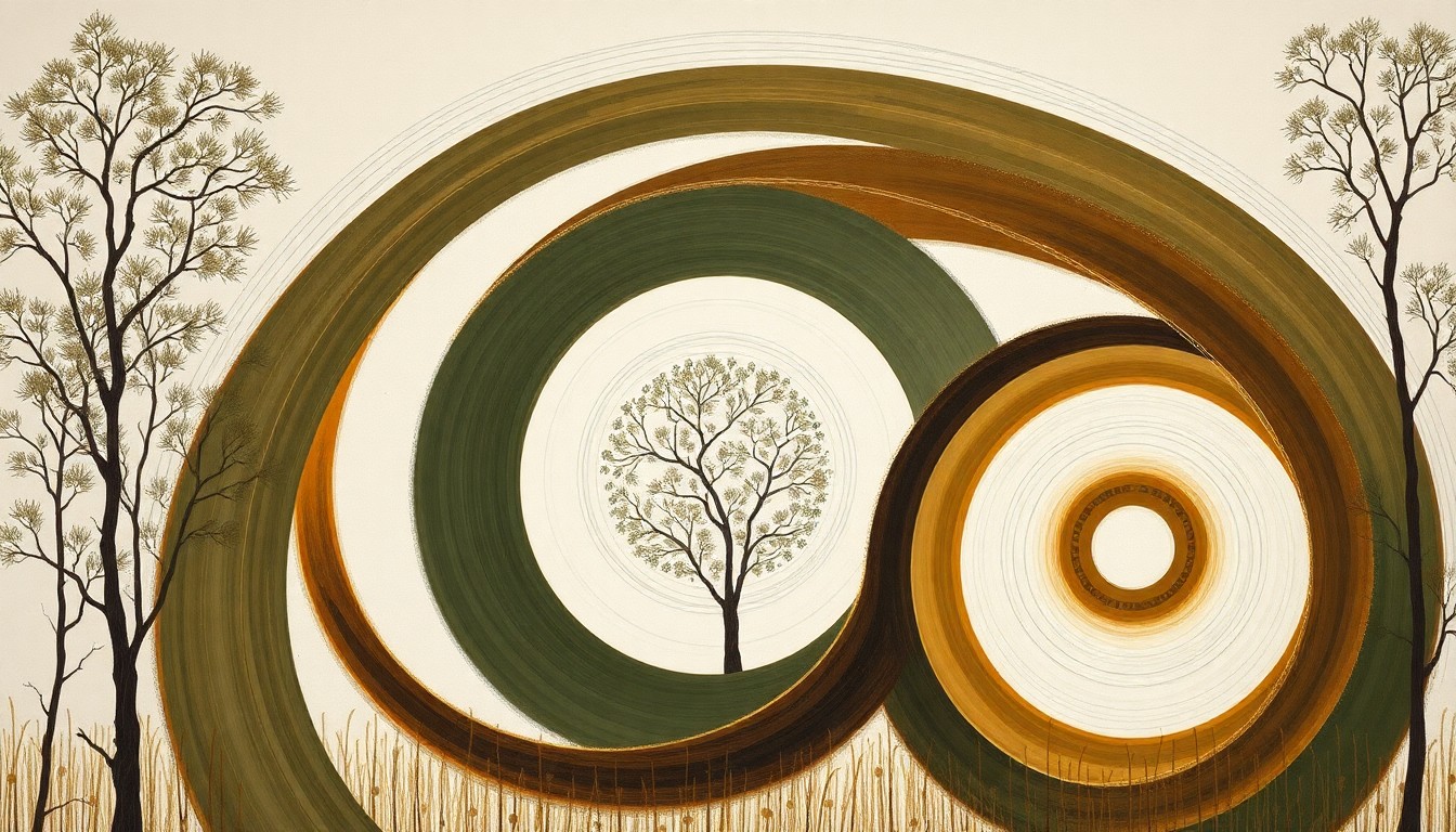 A highly textured, abstract painting in earthy tones of green, brown, and ochre, depicting the complex interplay of geometric shapes, botanical spirals, and concentric circles to represent the natural forces at work in a forest ecosystem undergoing prescribed burns to promote oak tree growth amid invasive grasses.
