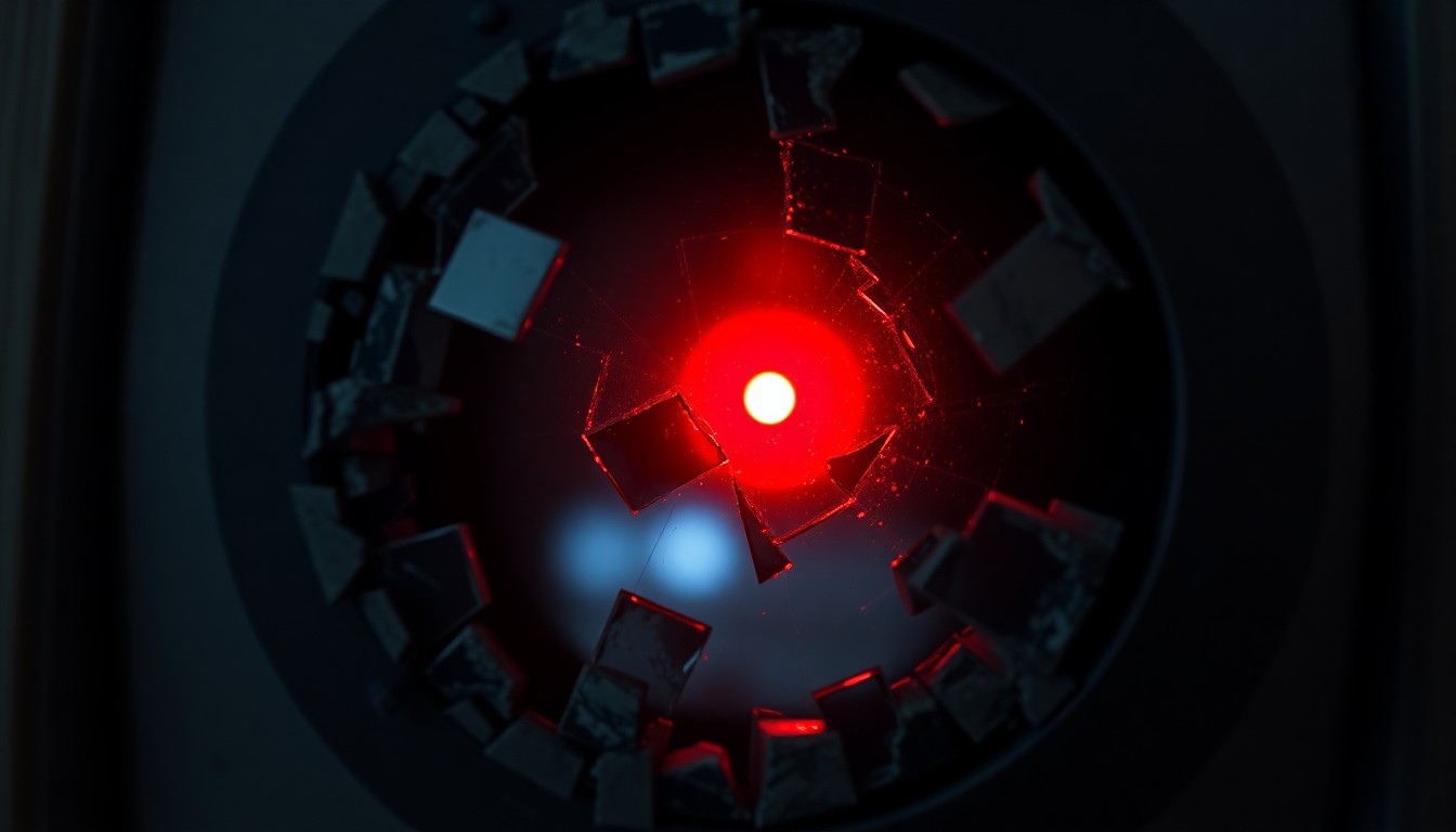 An extreme close-up photograph of a shattered doorbell camera lens reflecting a faint red light, conceptually representing the investigation of a residential break-in.