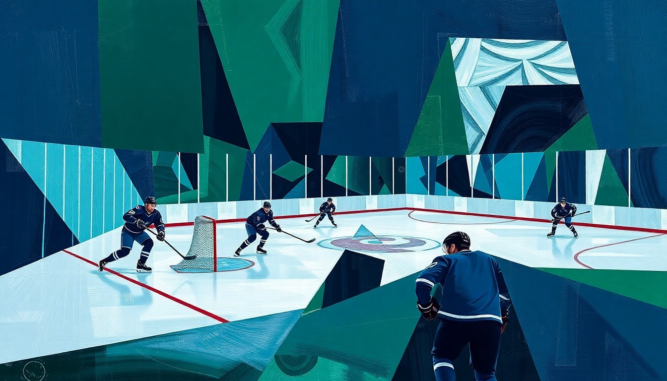 A cubist, geometric painting depicting a hockey game, with the players and ice broken down into sharp, overlapping shapes in shades of blue, green, and silver, conveying the intensity and drama of the game.
