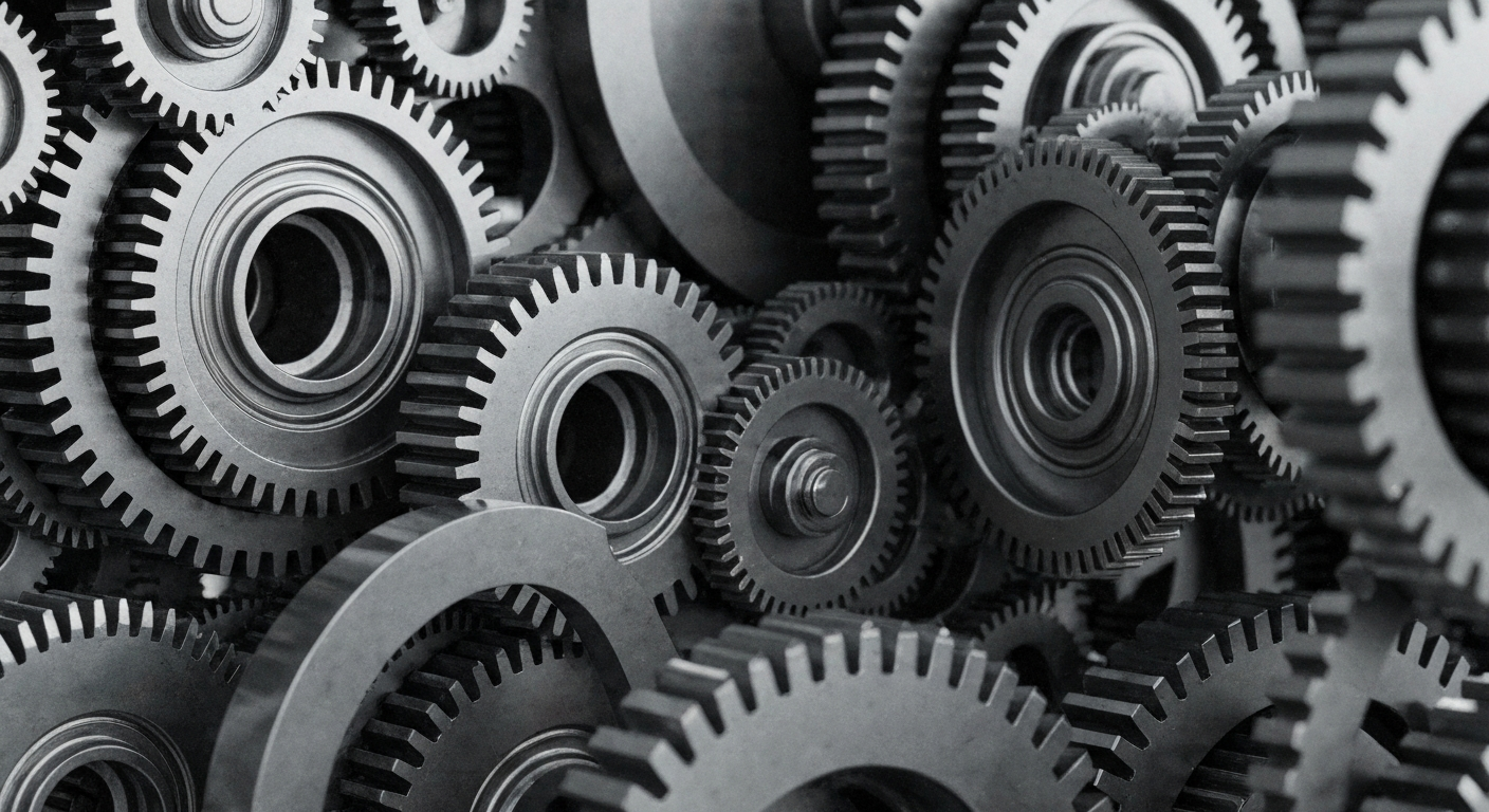 An extreme close-up of intricately connected, highly polished metal gears and machinery, representing the complex financial infrastructure and institutional investment that powers Microsoft's growth, rendered in a high-contrast, documentary style.