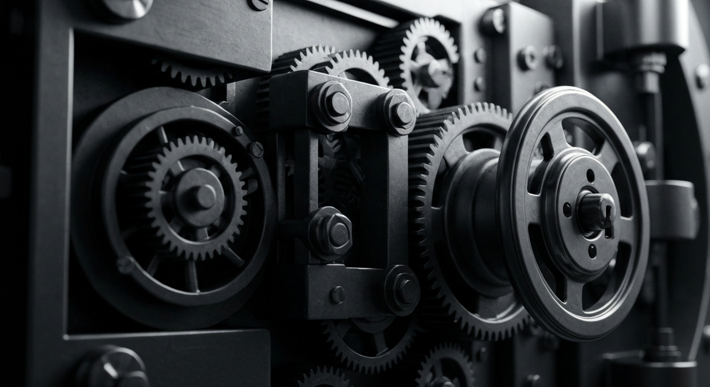 An extreme close-up of the heavy, industrial machinery and mechanisms that make up the inner workings of a bank vault, conveying a sense of the robust and secure nature of the banking system.