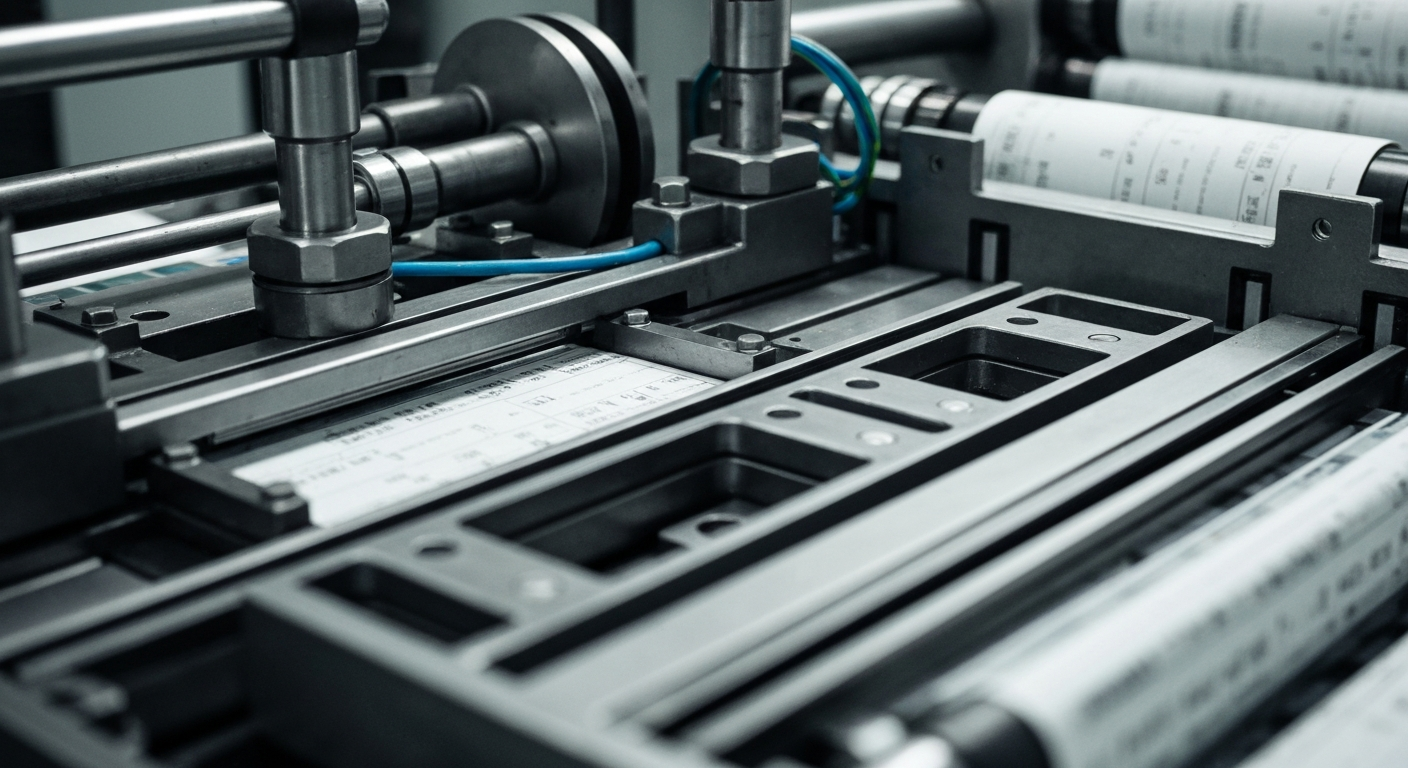 An extreme close-up of heavy, intricate industrial machinery and equipment, conveying the physical, mechanical nature of Ennis's manufacturing operations without using any text or branding.