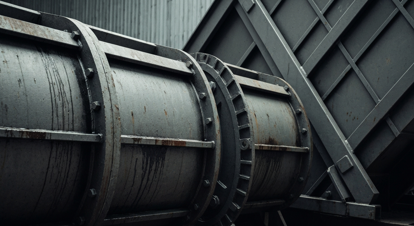 An extreme close-up of industrial waste management machinery, including conveyor belts, compactors, and hydraulic lifts, captured in a cinematic, high-contrast style that emphasizes the physical, tangible nature of the waste management industry's core assets.