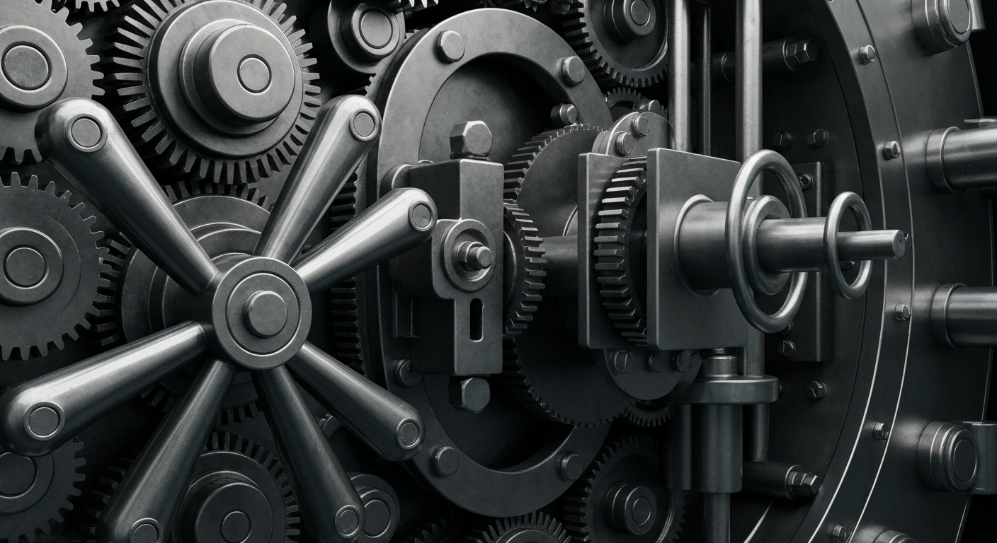 An extreme close-up of the intricate inner workings of a bank vault, with gears, locks, and heavy metal mechanisms filling the frame, conveying a sense of security and the tangible weight of institutional finance.