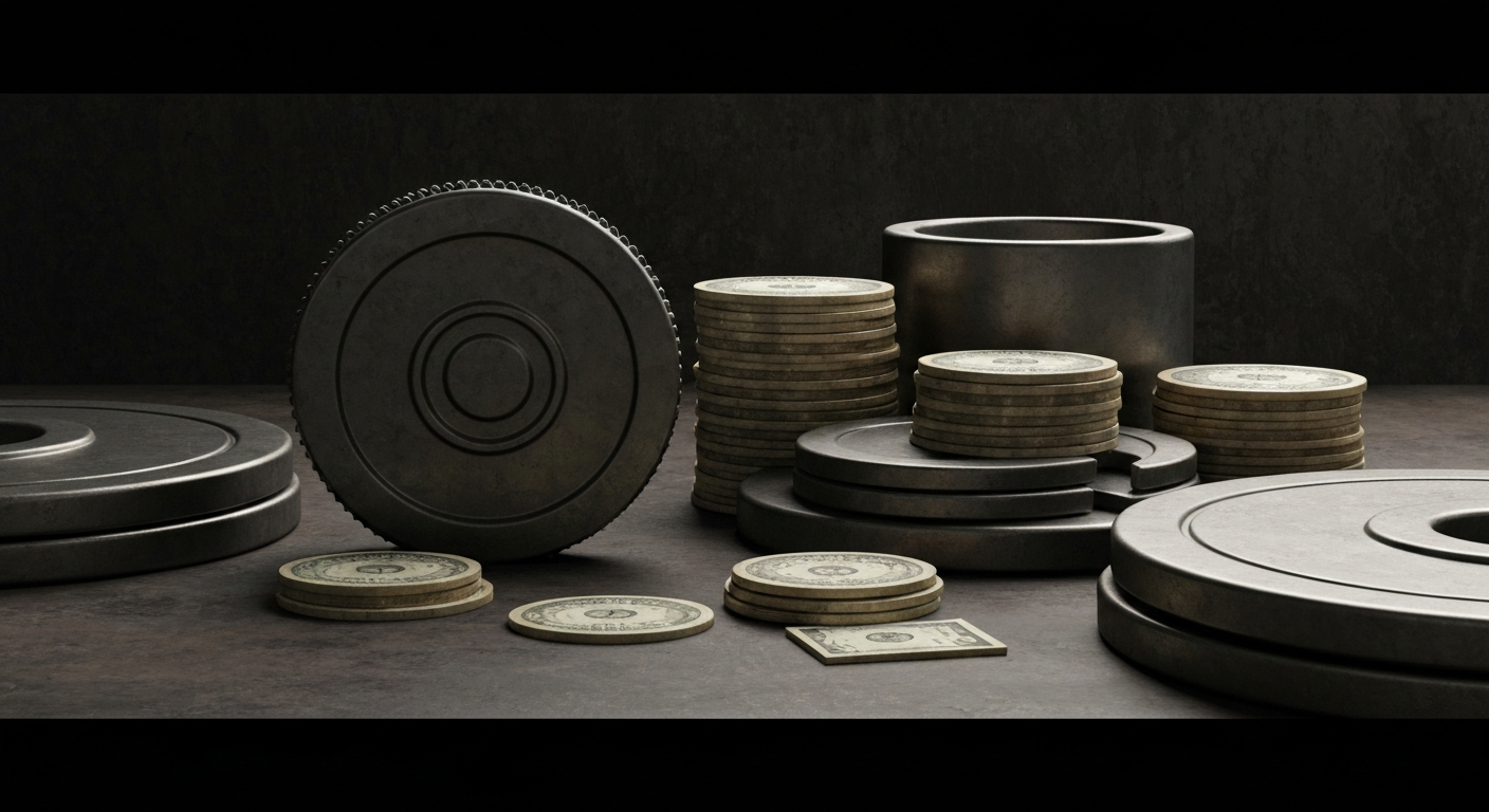 An extreme close-up of heavy, industrial banking equipment and mechanics, captured in a dramatic, high-contrast black and white style that conveys the tangible, powerful nature of financial institutions and the economy.
