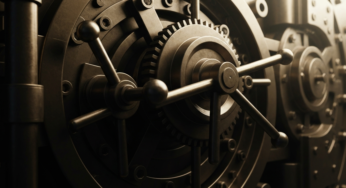 An extreme close-up of the heavy, metallic components and mechanisms of a large bank vault door, conveying a sense of strength, security, and the tangible infrastructure underlying the financial industry.