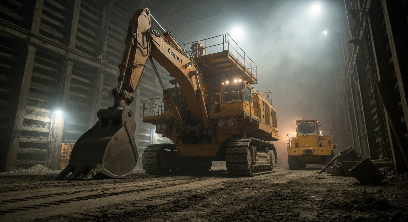 An extreme close-up of rugged, industrial mining equipment and machinery, conveying the tangible power and scale of the financial forces shaping the basic materials industry.