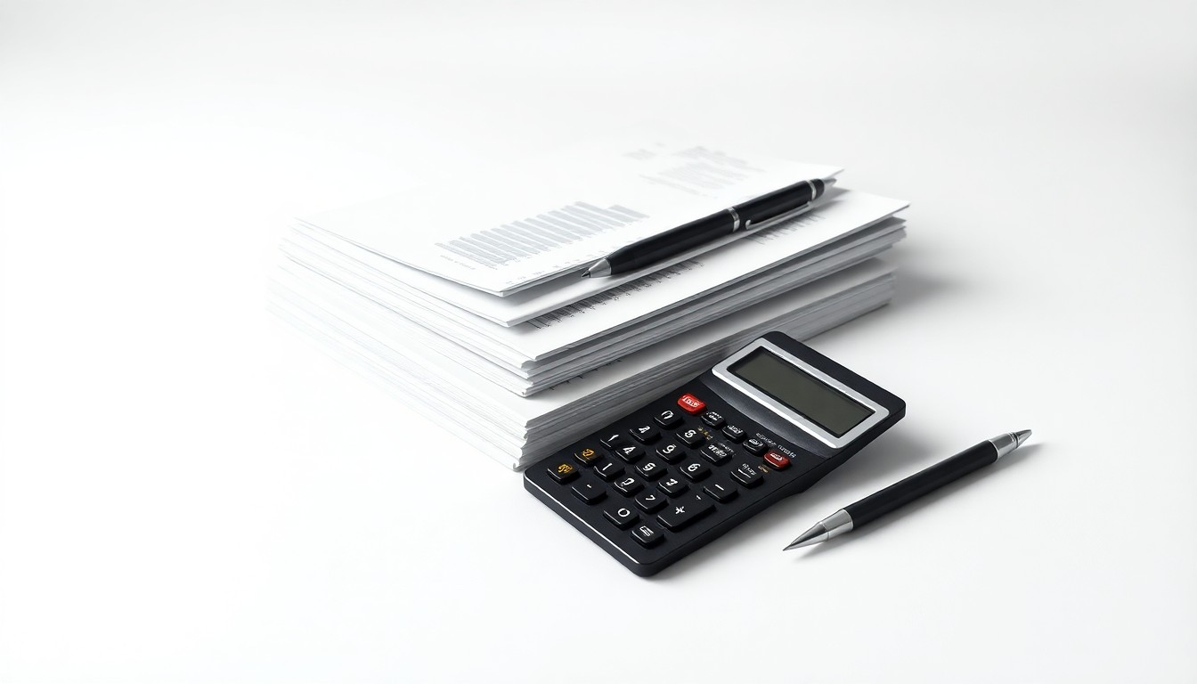 A photorealistic studio still life featuring a stack of financial reports, a calculator, and a pen arranged elegantly on a clean white background, conveying the abstract concepts of corporate strategy and financial analysis.