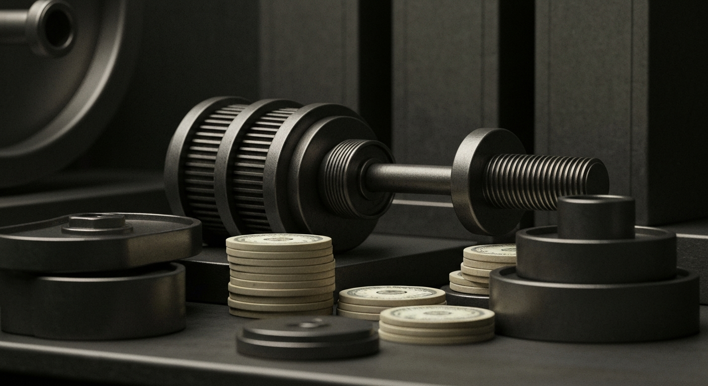 An extreme close-up of gears, levers, and other heavy mechanical components, conveying the tangible, physical nature of modern banking and finance.