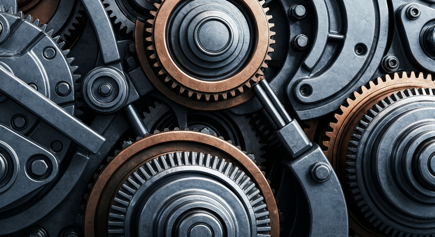 An extreme close-up of complex, interlocking industrial machinery in shades of grey, blue, and copper, conveying a sense of the power and precision at the heart of American manufacturing.