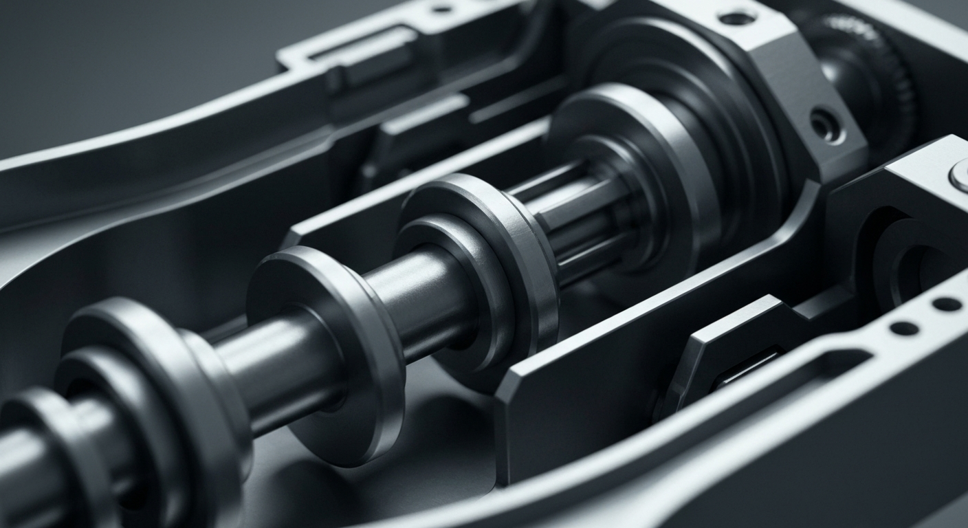 A highly detailed, cinematic macro photograph of the internal components and mechanics of a medical device, representing the complex technology and manufacturing behind Globus Medical's products.