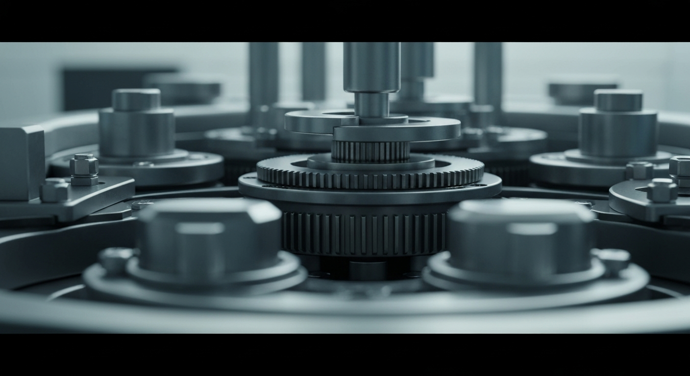 An extreme close-up of the intricate, metal components and gears of a high-tech medical laboratory instrument, conveying the complex, industrial nature of Bio-Rad Laboratories' specialized equipment.