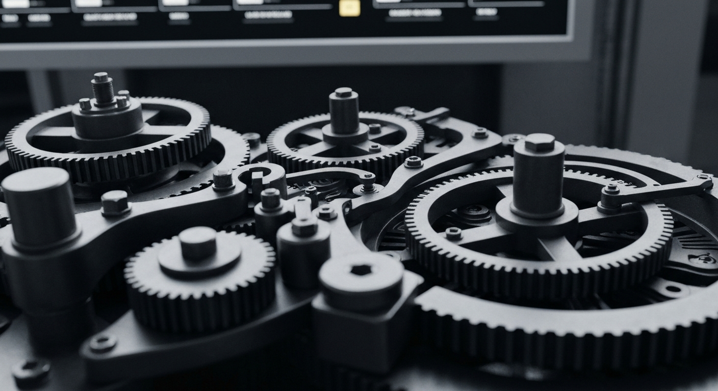 An extreme close-up of the interlocking gears, circuits, and mechanical components that comprise the data processing hardware at the heart of a financial analytics platform, conveying a sense of the scale and sophistication of the technology powering modern investment management.
