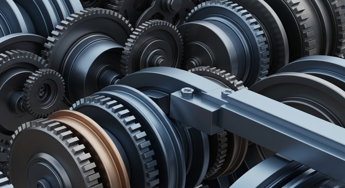 A highly detailed, cinematic close-up image of heavy, industrial banking equipment and gears in shades of grey, bronze, and blue, conceptually representing the institutional financial infrastructure behind mortgage-backed securities.